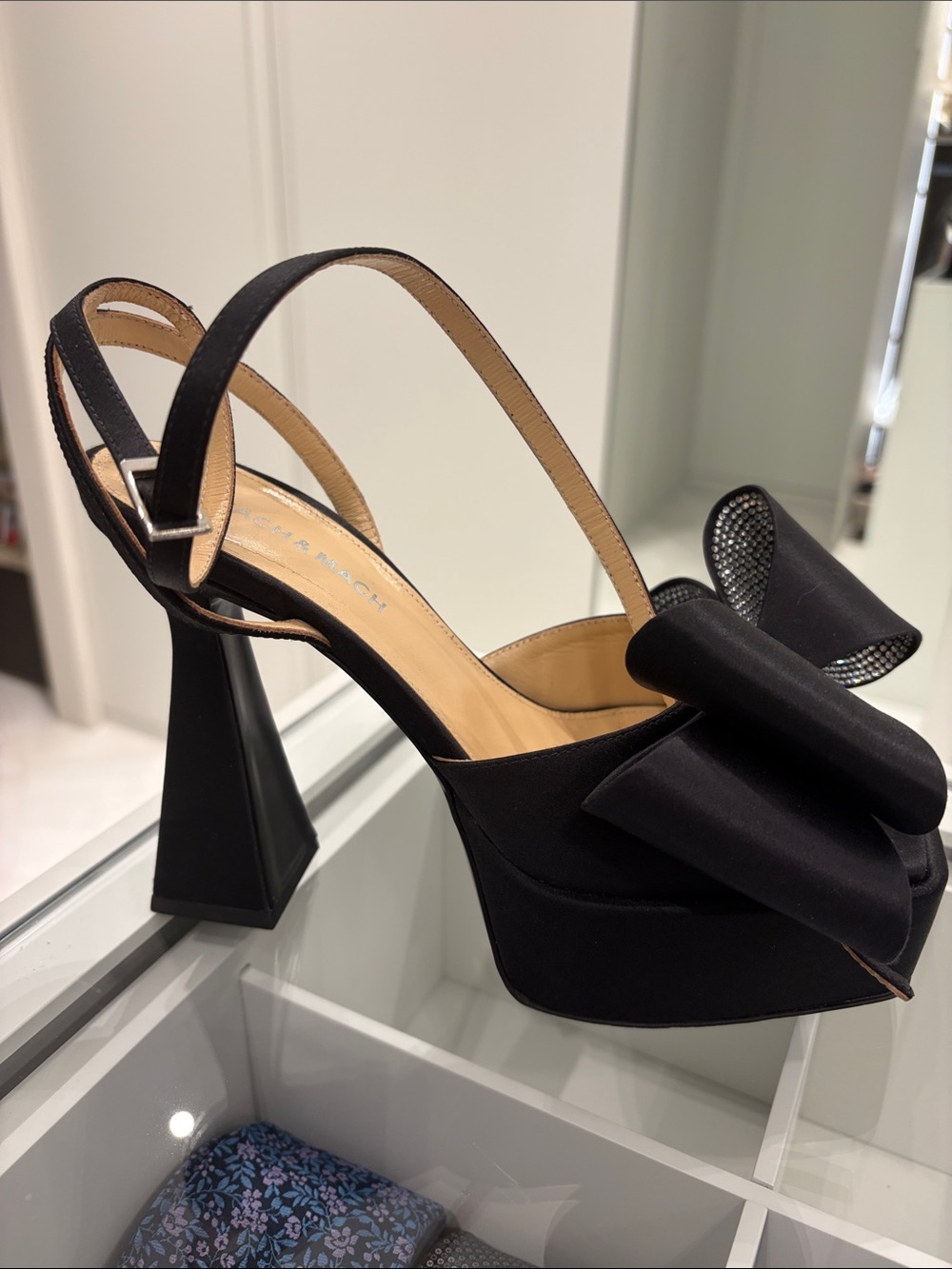 MACH & MACH Black Bow Platform Slingback Heels